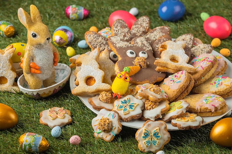 Decorated Easter cookies on a plate with a ceramic rabbit figurine and colorful eggs in the grass