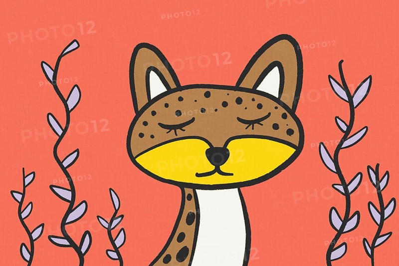 A charming illustration of a peaceful animal with closed eyes surrounded by simple foliage on a vibrant red background, evoking a warm summer atmosphere