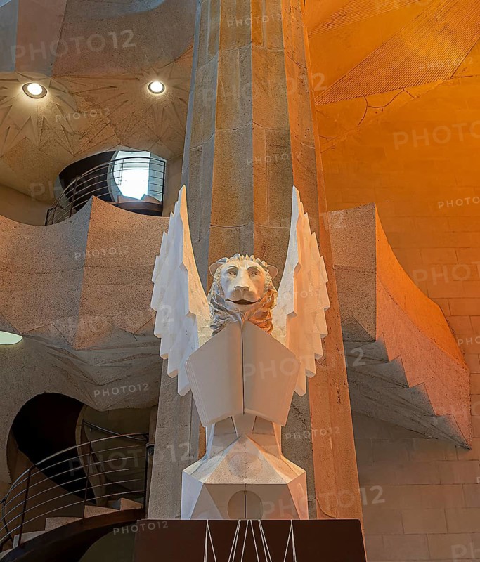 Modern sculptures of the Evangelists in the Sagrada Familia, Barcelona, Catalonia, Spain