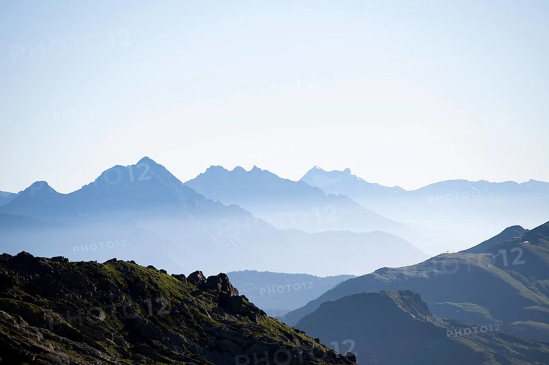 Mountain silhouettes in morning light, Bernese Alps, Bernese Oberland, Switzerland