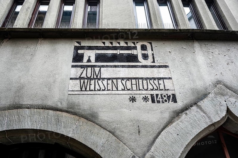 Historic sgraffito on a house façade with the motif of a white key and the date 1482 in the historic old town of Constance, district of Constance, Baden-Württemberg, Germany