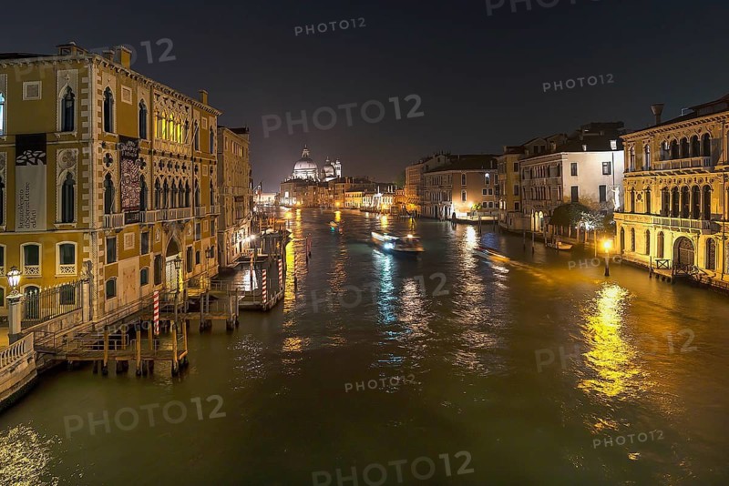 Grand Canal with view of Santa Maria della Salute at night, Venice, Veneto, Italy