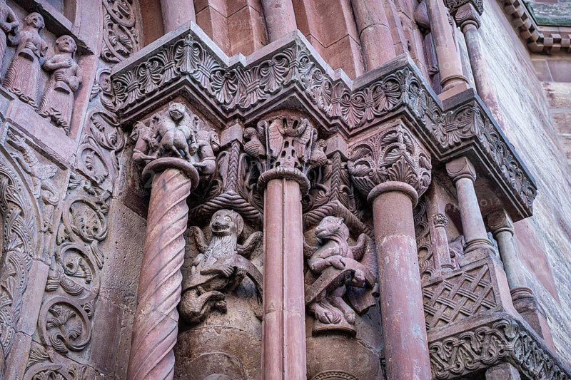 Detailed view of the Gallus Gate at Basel Minster made of red sandstone in late Romanesque style, Old Town, Basel, Canton of Basel-City, Switzerland