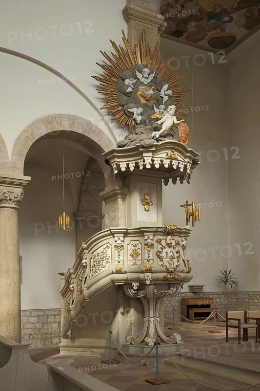 Pulpit with decorations, interior view, Romanesque monastery church, Huysburg, Harz, Saxony-Anhalt, Germany