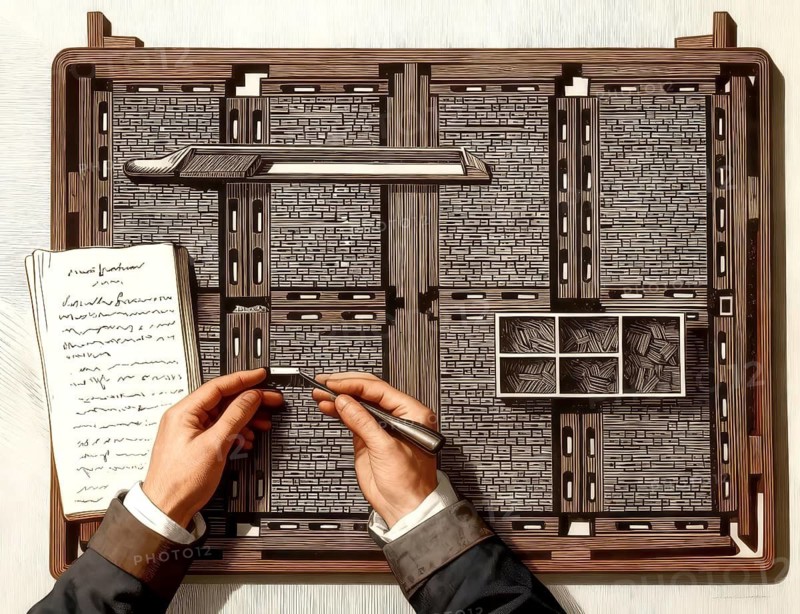 Manual typesetting letter-by-letter, 19th century