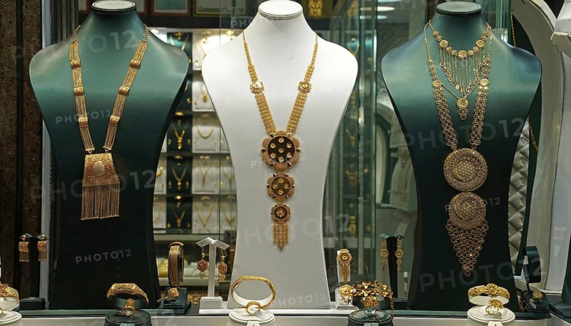 Saudi Arabia, Jeddah, gold jewelry on display, Gold Souk, Middle East