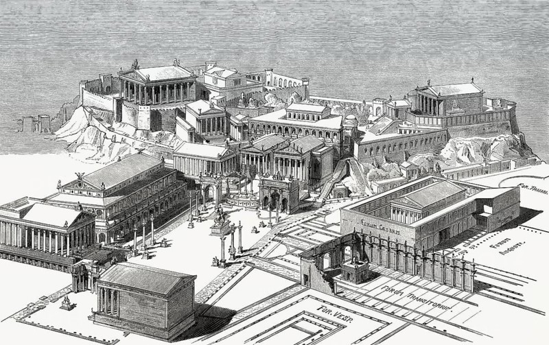Reconstruction of the Roman Forum or Forum Romanum in ancient Rome