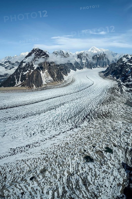 Mount Church, Mount Grosvenor, Mount Johnson Mount Wales and Mount Bradley in front of Ruth Glacier, Alaska Range glaciers and mountains, Alaska, USA