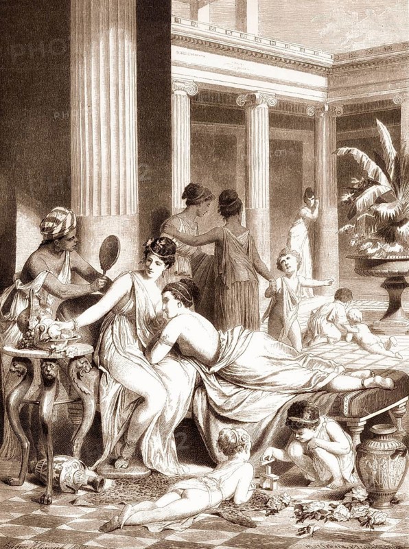 Morning scene in an ancient Greek women's peristyle