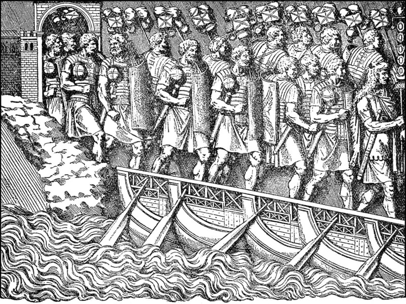 Roman soldiers marching across pontoon bridge, England, first Century