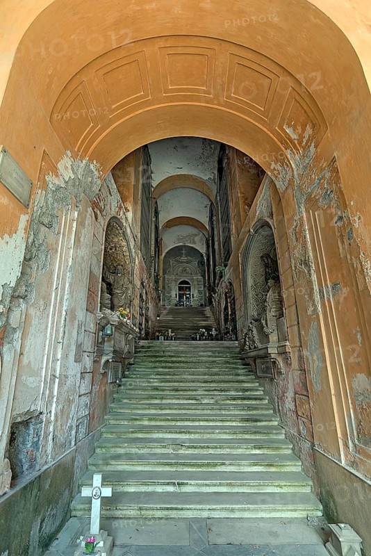 Staircase to the upper burial level, Monumental Cemetery, Cimitero monumentale di Staglieno), Genoa, Italy