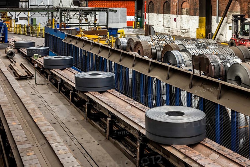 ThyssenKrupp hot rolling mill, removal of the produced coils on a panel belt, Hohenlimburg, Hagen, North Rhine-Westphalia, Germany