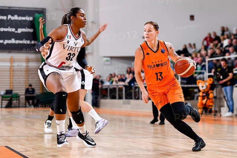 POLKOWICE, POLAND - NOVEMBER 9, 2022: Baskteball match EuroLeague Women between BC Polkowice - Virtus Segafredo Bologna. In action Cheyenne Parker (L) Weronika Gajda (R).