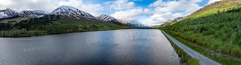 Lake Tern Lake and mountain landscape, aerial view, Moose Pass, Kenai Peninsula, Alaska, USA