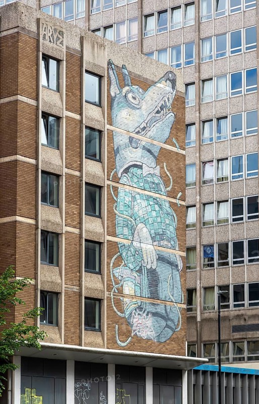 Graffiti mural artwork on building 'Wolf Boy' by Aryz, Nelson Street, Bristol, England, UK Created for 2011 See No Evil Festival
