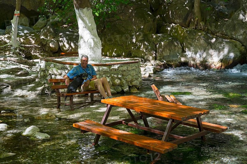 Man sitting with dog on a bench next to a clear, flowing stream in the shade of trees, Saklikent Gorge, Saklikent, Saklikent National Park, Antalya Province, Turkey