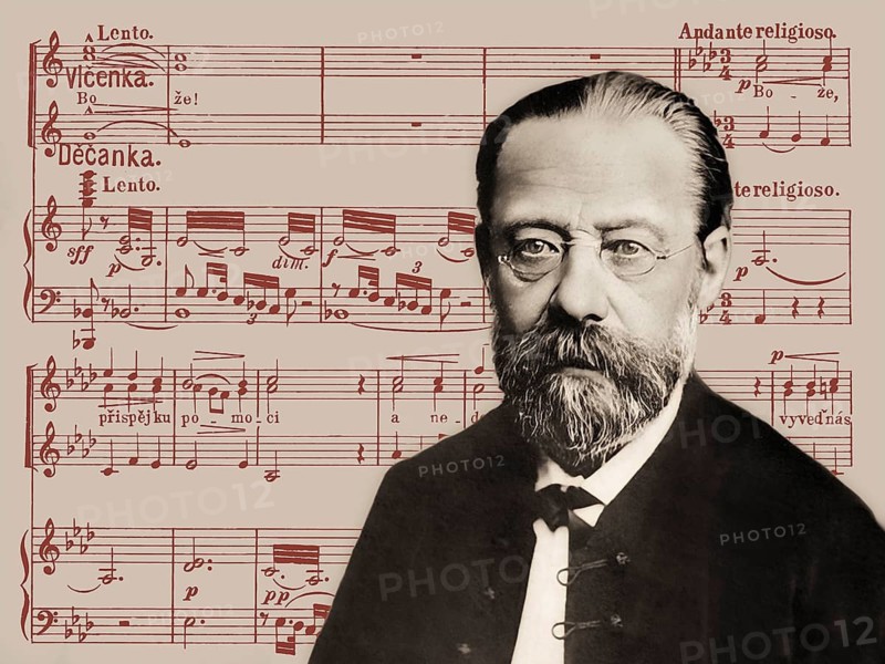 Bedrich Smetana, 1824 – 1884, Czech composer, digital edited according to a photograph, notation from his opera Branibori v Cechách, the Brandenburgers in Bohemia
