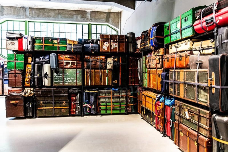 Luggage maze, historic suitcases, FENIX, museum about migration, in a historic warehouse in Katendrecht, hub for emigrants who set off overseas on the Holland-America line, Rotterdam, the Netherlands