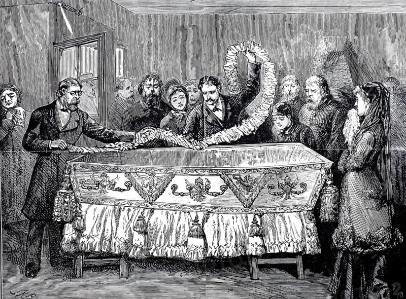 Illustration shows the decoration of the coffin of Tsar Alexander II of Russia after his assassination in 1881. It shows the traditional Victorian ceremony of decorating the coffin with garlands, illustration, reproduction from a 19th-century model. Authentic, file restored for optimal use, exact date of submission unknown, historical
