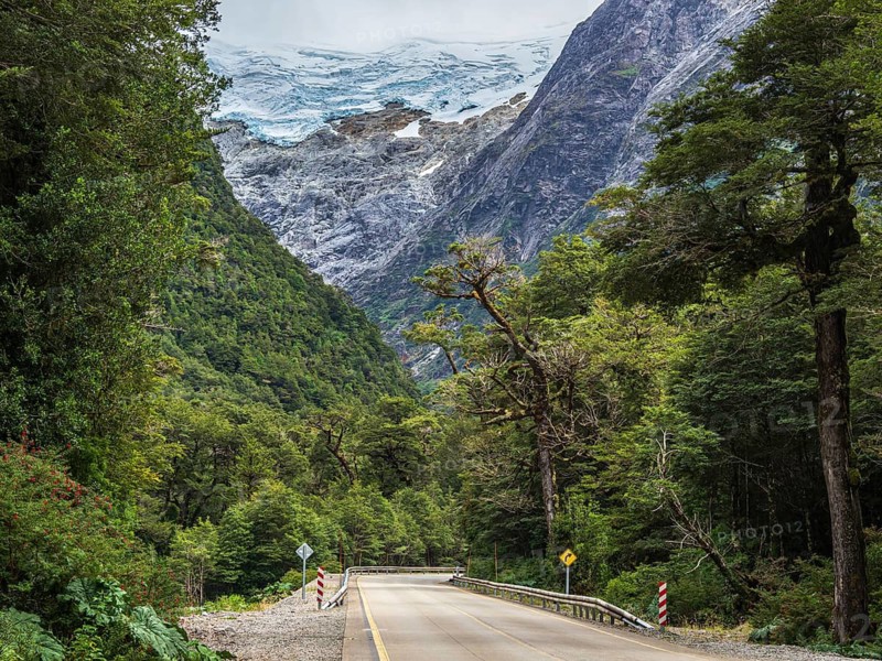 Road Carretera Austral south of Puyuhuapi, glacier above rain forest, Patagonia, Chile
