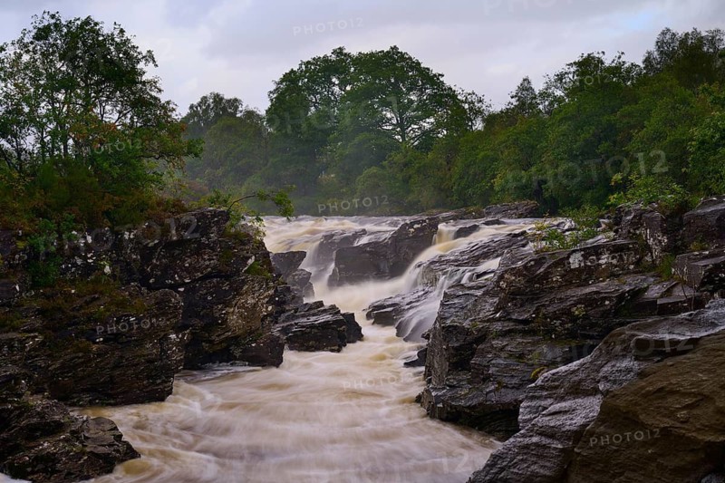 A bubbling river flows through a tree-lined, rocky landscape under cloudy skies, River Orchy, Eas Urchaidh, Bridge of Orchy, Scotland, United Kingdom, Great Britain