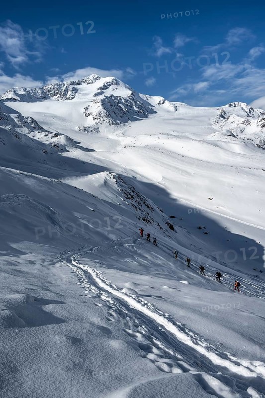 Ski tourers, behind the summit of Monte Cevedale, snow-covered mountain landscape, Ortler Alps, Vinschgau Valley, Italy