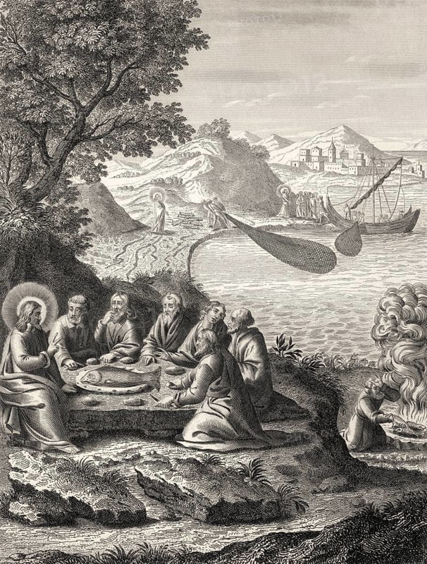 The miraculous catch of 153 fish, Resurrection of Jesus, New Testament, steel engraving 1853, digitally restored