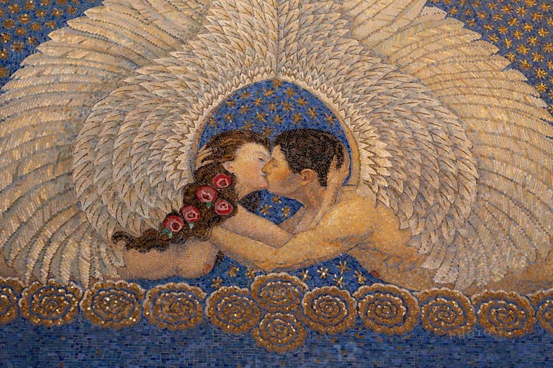 Mosaic painting The Kiss by Joseph Maria Olbrich, wedding tower, Mathildenhöhe Darmstadt, UNESCO World Heritage, Germany