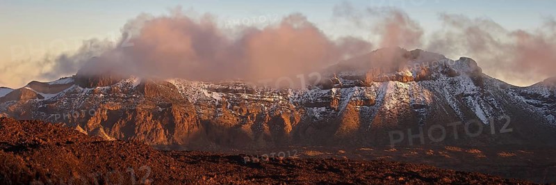 Mirador El Tabonal Negro, caldera, evening light illuminates snow-capped mountains with clouds, Teide National Park, Teide National Park, volcano, volcanism, UNESCO World Heritage Site, Tenerife, Canary Islands, Spain