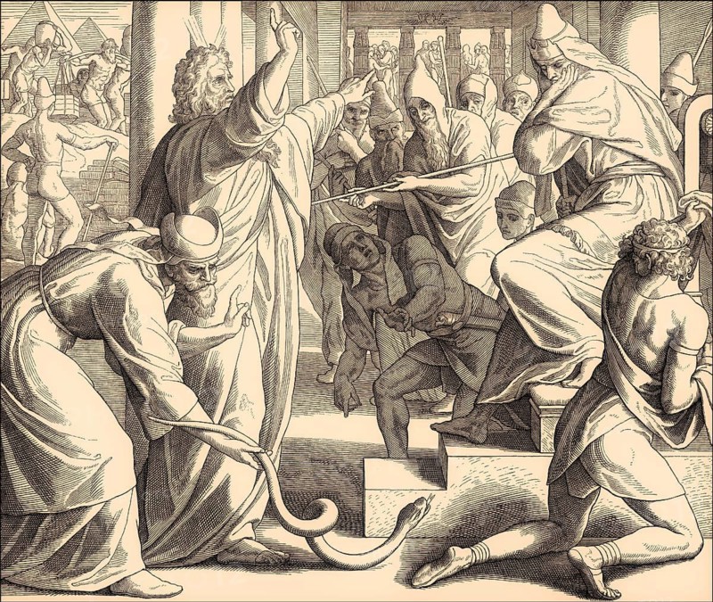Moses and Aaron Appear before Pharaoh, Staffs to Snakes, Old Testament, by Julius Schnorr von Carolsfeld, 1860