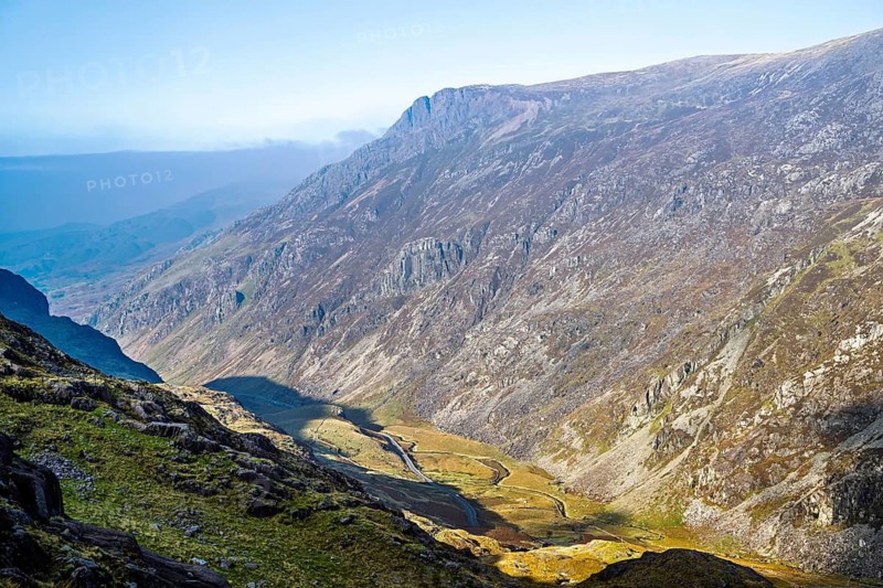 Autumn colours of Pen-y-Pass over Miner's Track, Start Point and road A4086, Snowdonia, Wales, UK