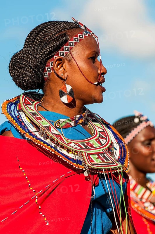 Maasai participants in the International Carnival Seychelles, Victoria, Mahe, Republic of Seychelles, Indian Ocean