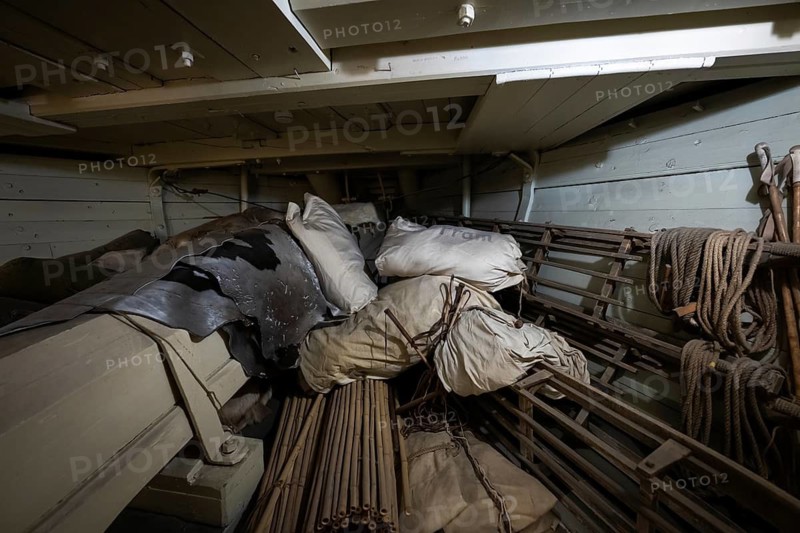 Seal skins, equipment, below deck, historic polar research ship Fram, wooden ship, by Fridtjof Nansen and Roald Amundsen, Fram Museum, Fram Museum (Museum of Polar Expeditions), Bygdøy Museum Island, Oslo, Norway
