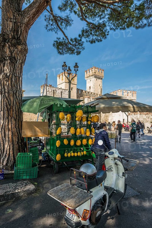 Medieval lakeside castle, Castello Scaliger, Scaliger Castle, Sirmione, Lake Garda, Brescia province, Lombardy region, Italy