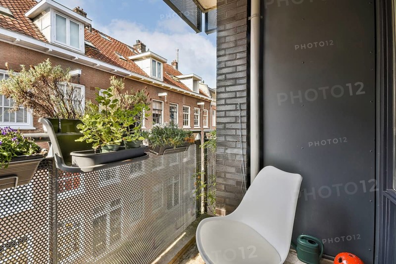 A contemporary balcony featuring potted plants and an inviting urban view, creating a serene outdoor space in a residential setting