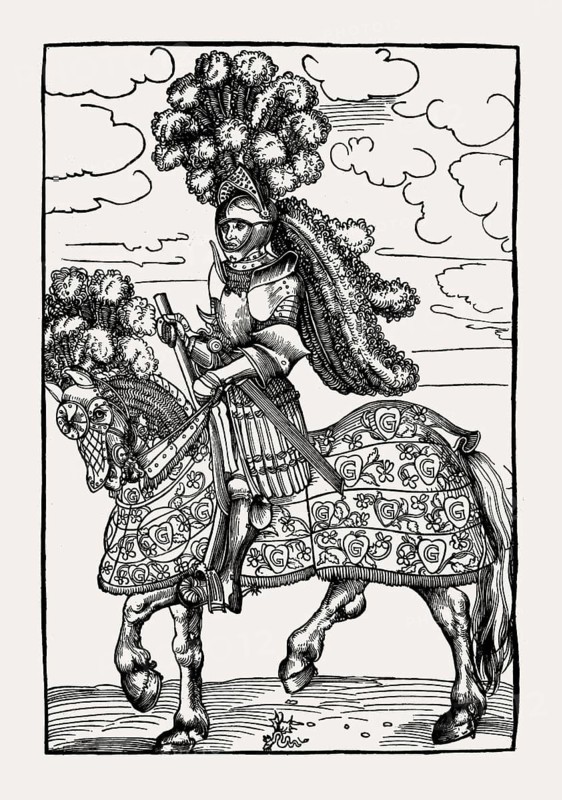 A knight on horseback in rich tournament armor by Lucas Cranach, facsimile of the 19th century