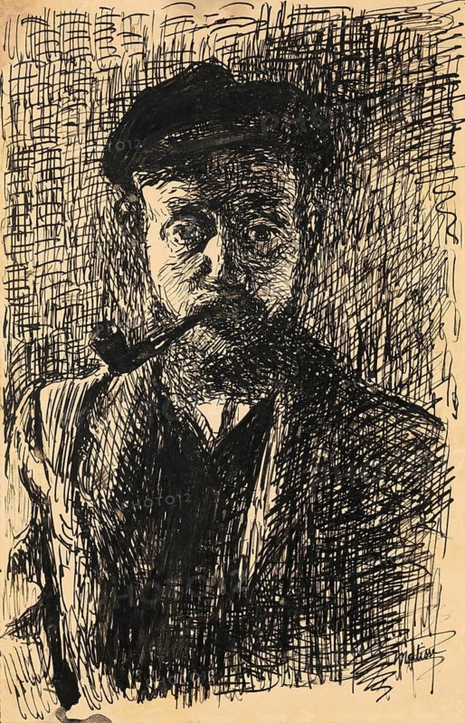 Henri Matisse, Henri Emile Benoit Matisse (born 31 December 1869, died 3 November 1954 in Cimiez), French painter, graphic artist, draughtsman, Classical Modernist. Here his work:, Autoportrait à la pipe (1900), Self-portrait with a pipe, Painting, Reproduction of the painting, Work of art, Historical, Sketchy portrait of a pipe smoker with hat in black and white