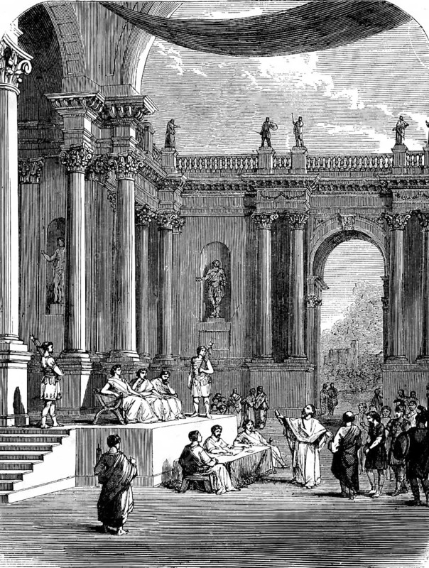 Roman court hall, St. Mark's Gospel, justice, law speaking, judge, prosecution, palace, statues, Bible, historical illustration 1850