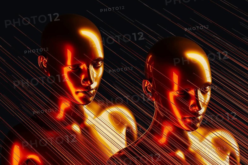 Two metal humanoids stand between illuminated lines representing the concept of artificial intelligence and modern technology in a dark background