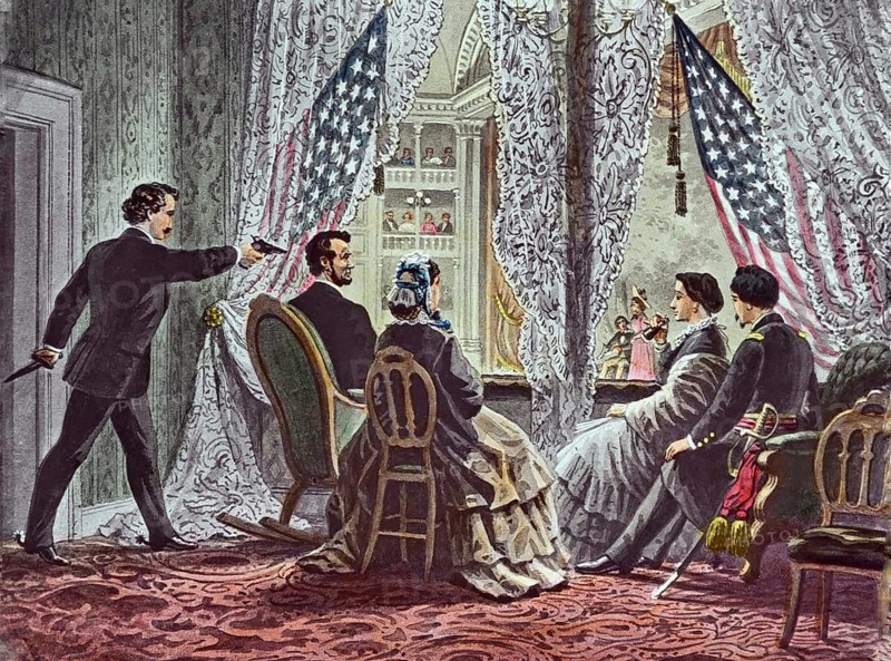Painting of the assassination of Abraham Lincoln at Ford's Theatre on 14 April 1865. From left to right: The assassin John Wilkes Booth, Abraham Lincoln, Mary Todd Lincoln, Clara Harris and Henry Rathbone, USA Abraham Lincoln (1809 - 1865) was an American politician and the 16th President of the United States of America. He is considered one of the most important presidents ever. He laid the foundations for the abolition of slavery, which led to the American Civil War, which the northern states won under his leadership. He also modernised the country and laid the foundations for its subsequent rise to world power. He was the first US president of the Republican Party and the first American president to be assassinated