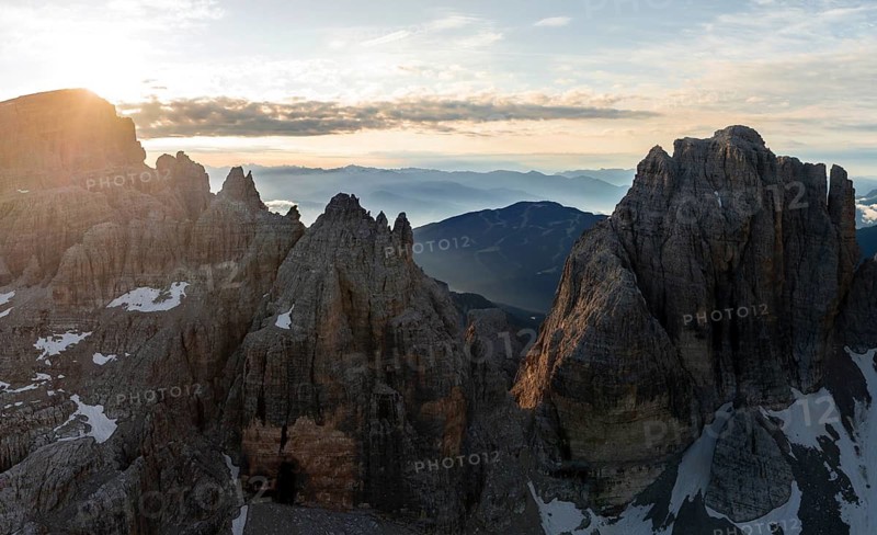 Impressive mountain peaks of the Brenta Mountains, sunrise, 360 degree alpine panorama, aerial view, Brenta, Brenta-Adamello Natural Park, Trentino, Italy