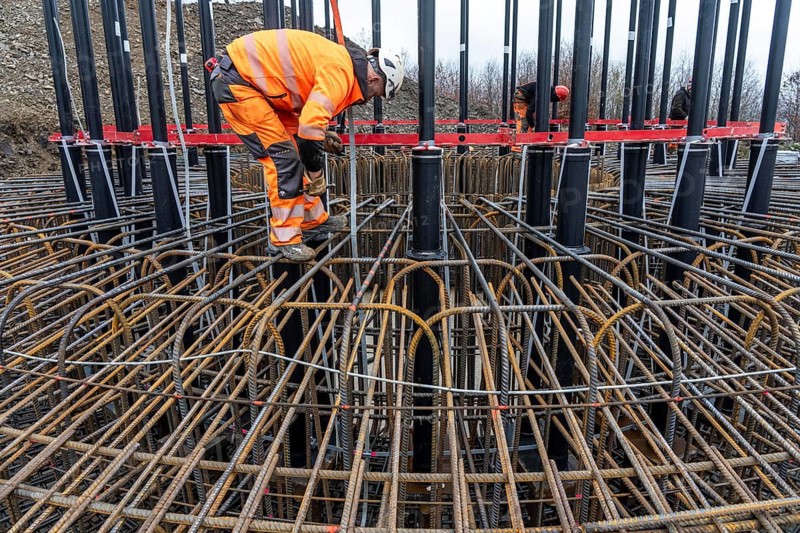 Assembly of reinforcing steel for the reinforced concrete foundation of a wind turbine, a mesh of rebar and rebar mesh, over 100 tons of reinforcing steel were used, the wind turbine will have a hub height of 160 meters, part of a new wind farm in Sauerland, near Balve, North Rhine-Westphalia, Germany