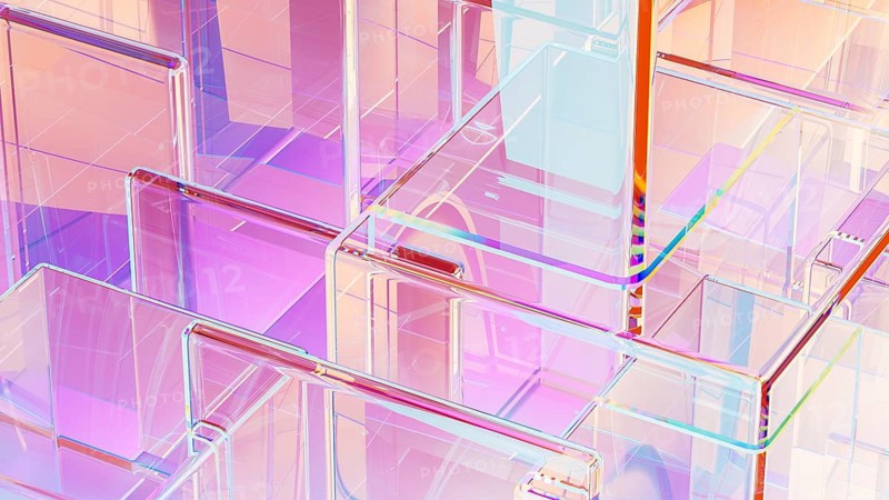 Translucent cubes in varying sizes form a sophisticated abstract background, combining colors and shapes that convey a sense of modern technology