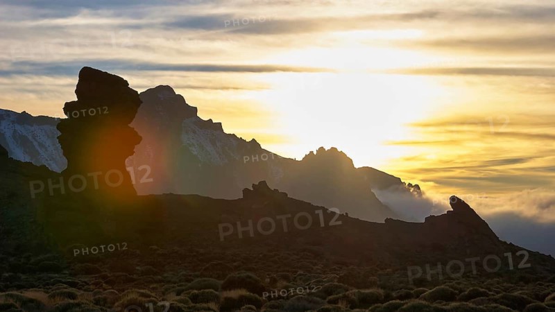 Mountain silhouette at sunset against a cloudy sky, Teide, Parque Nacional del Teide, Teide National Park, volcano, volcanism, UNESCO World Heritage Site, Tenerife, Canary Islands, Spain