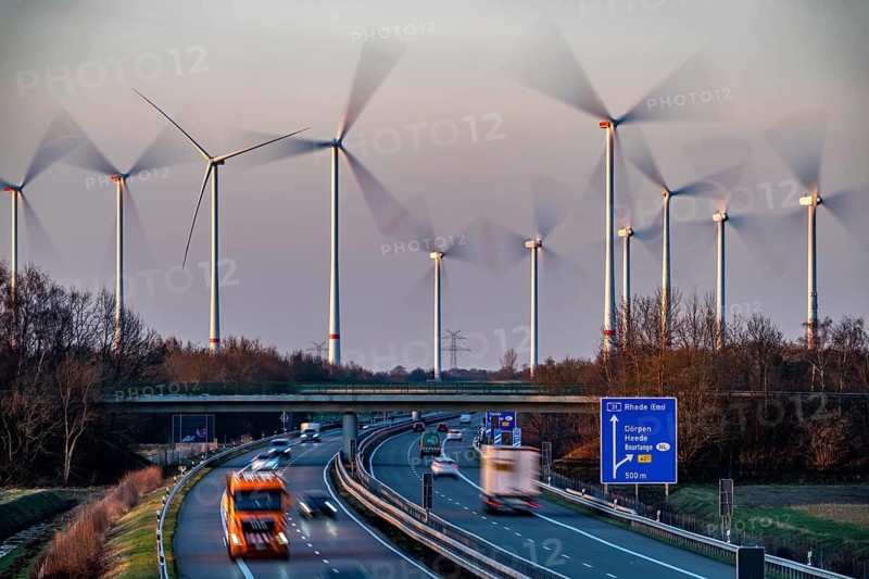 Borsum wind farm, near Rhede, on the A31 motorway, the wind farm was put into operation in 2001 and repowered in 2024, 13 old turbines were dismantled and replaced with 8 new Enercon E160 wind turbines and an Enercon E147, with a total output of almost 50 MW, Lower Saxony, Germany