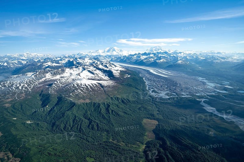 Kahlitna Glacier, Mt Foraker and Mt Denali or Mount McKinley, aerial view, Alaska Range, Denali National Park, Alaska, USA