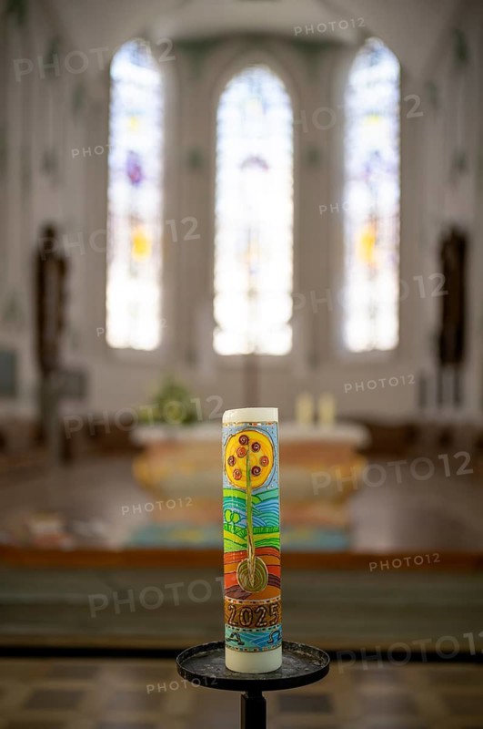 Interior view, Easter candle, choir room, altar, St. Stephen Protestant Church, Lindau, Bavaria, Lake Constance, Germany