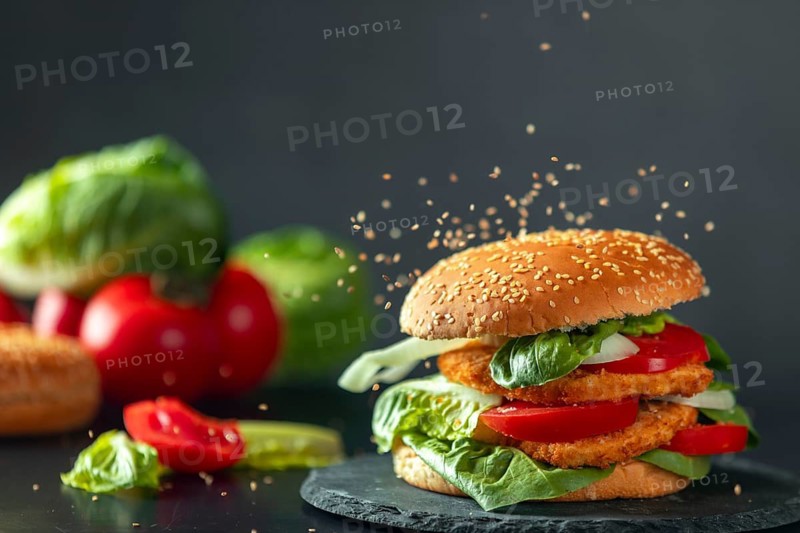 Sesame falls on burgers with schnitzel, tomatoes, onions and lettuce, ingredients in the background