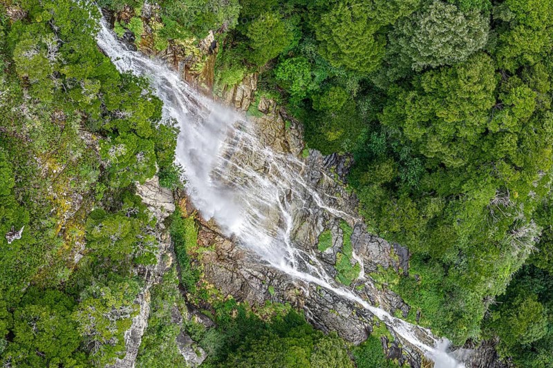 Aerial view of waterfall Cascada Lipi, at road X-608, west of Coyhaique, Chile