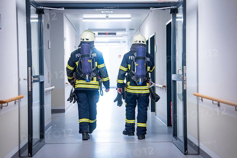 Two firefighters in equipment crossing a corridor, fire brigade exercise on blue light day at the new Calw hospital, Germany